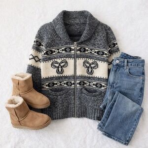 TNA Lambswool Fair Isle Zip Cardigan Sweater Ram Motif Grey Cream Size Small